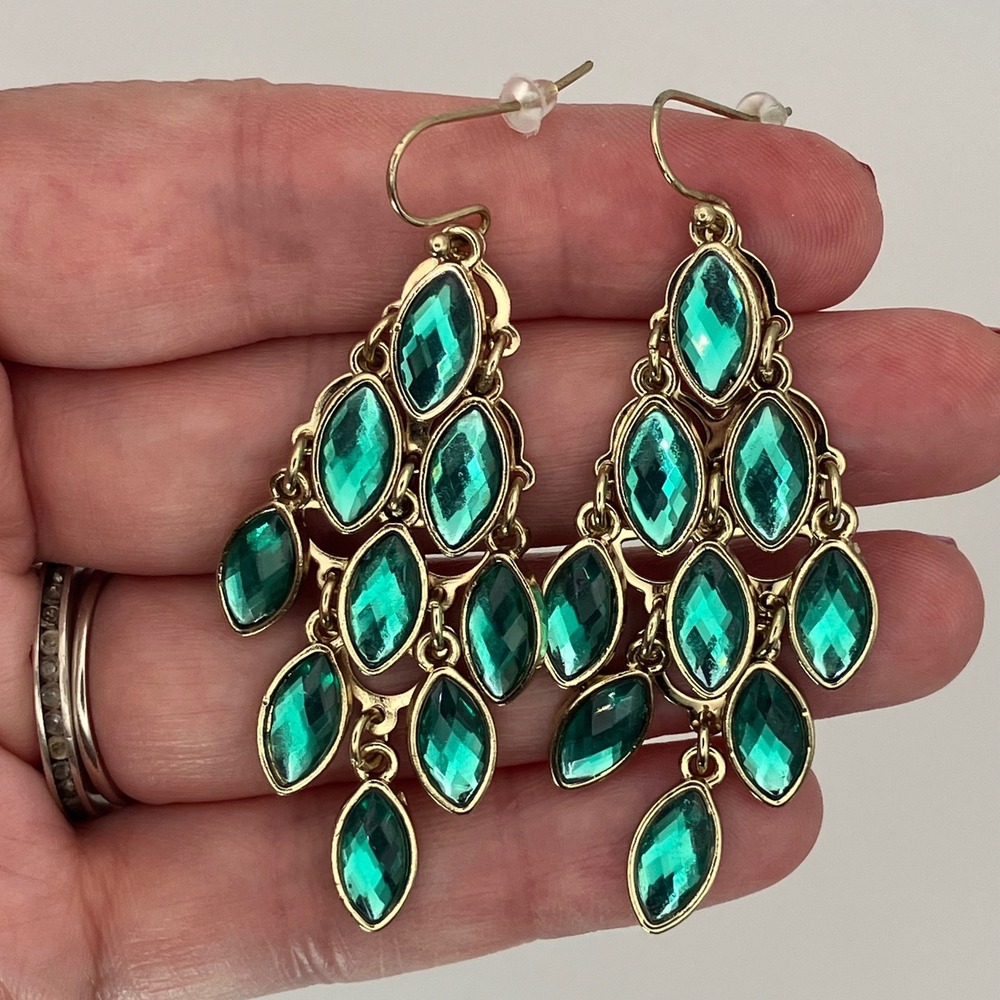 Chandelier Earrings Green Gold Tone Faceted Crystal Dangle Statement Bold Glam